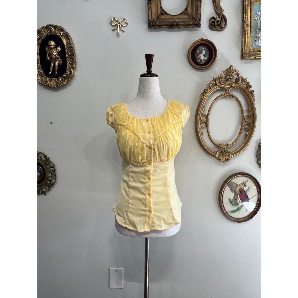 Vero Moda Puff Sleeve Button Down Blouse Pale Yellow Ruched Overlay Size XS